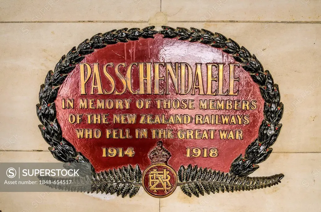 Memorial plaque, Battle of Passchendale, World War I, historic Dunedin Railway Station, Dunedin, South Island, New Zealand, Oceania