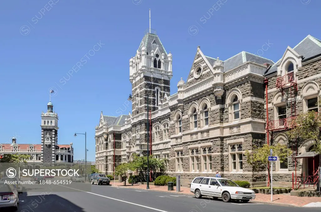 Dunedin Law Courts, historic Dunedin Railway Station at the back, Dunedin, South Island, New Zealand, Oceania