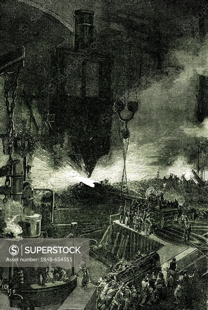 Power hammer of 100.000 quintals at Krupp factory, historical illustration from 1892
