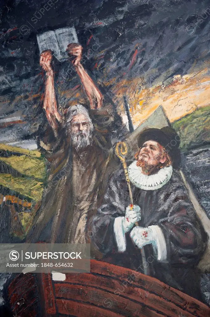 Modern wall painting or mural in a church, Moses holding the tablets with the Ten Commandments, Flatey, Iceland, Scandinavia, Northern Europe, Europe