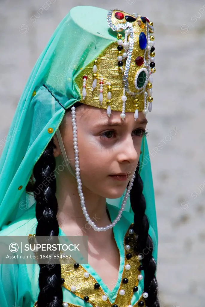 Girl wearing a traditional costume, Sighnaghi, Kakheti province, Georgia, Caucasus region, Middle East