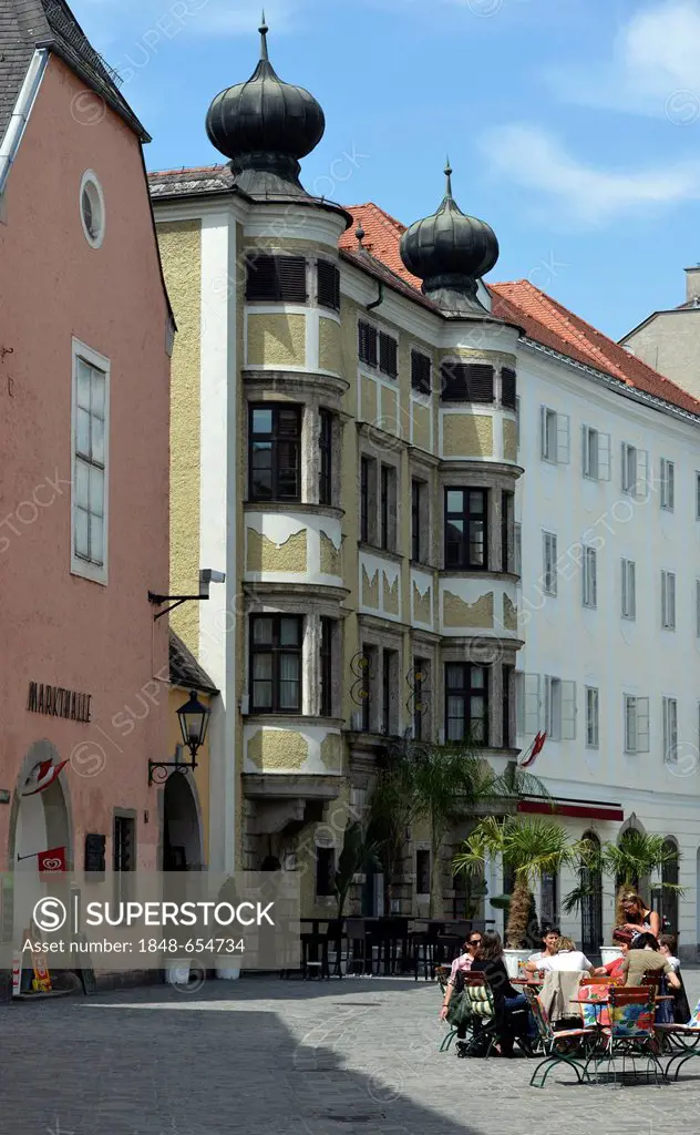 Market hall, cafe, historic district, Linz, Upper Austria, Austria, Europe, PublicGround