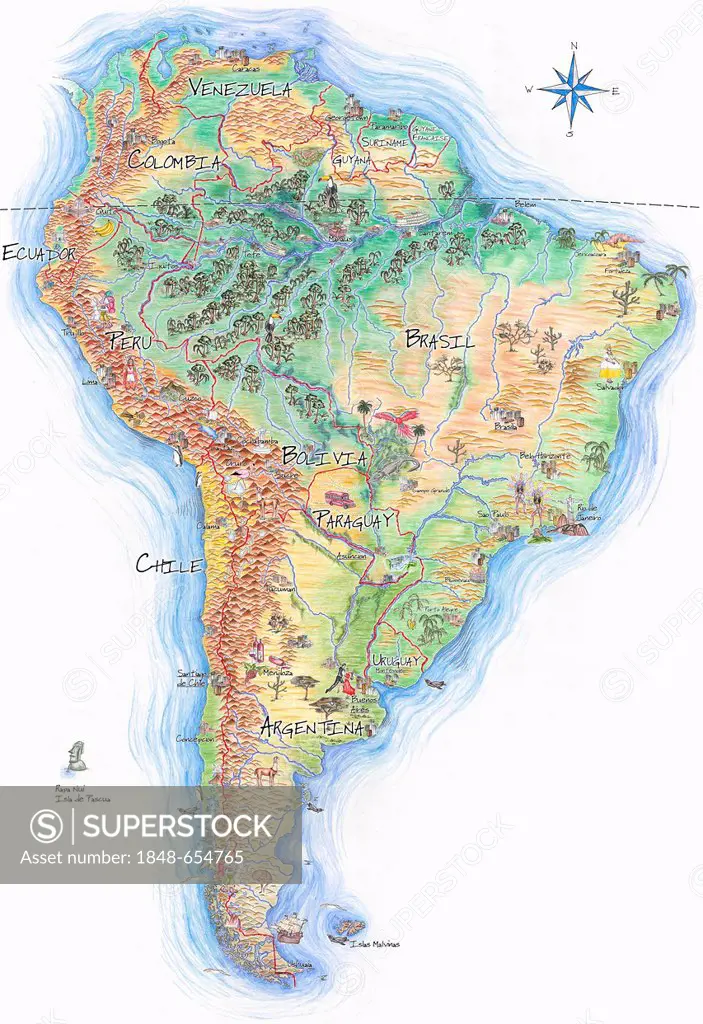 Hand-drawn map of South America