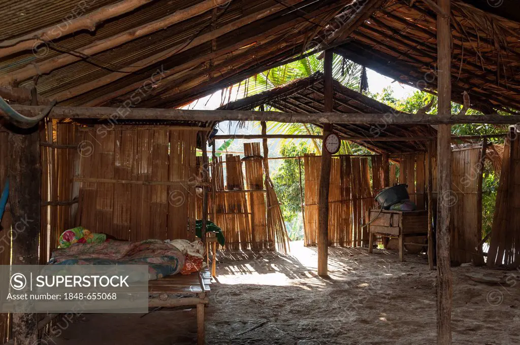 Living room in a bamboo hut, village of hill tribe people, Hmong people, northern Thailand, Thailand, Asia