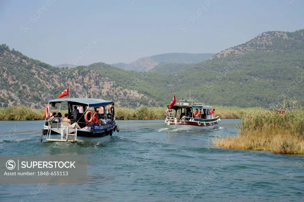 Excursion boats on a river, river delta in the nature preservation area between Caunos and Iztuzu Beach, Dalyan, Mugla Province, Turkey, Asia Minor