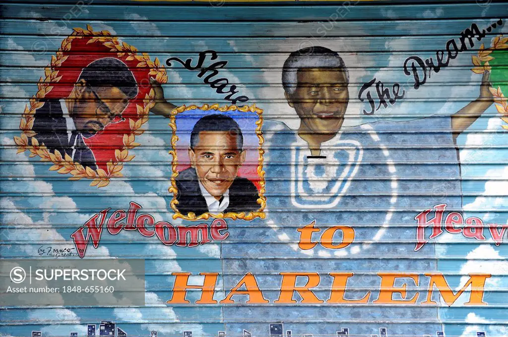 Welcome to Heavenly Harlem, shutters painted by the New York artist Franco the Great with the portraits of Malcolm X, Barack Obama and Nelson Mandela,...