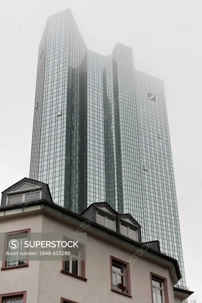Deutsche Bank building in the fog, Frankfurt am Main, Hesse, Germany, Europe