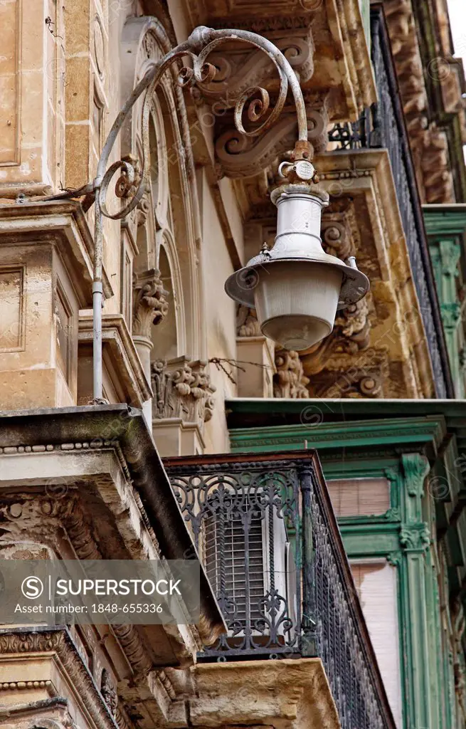 Street lamp and house front, Valletta, Malta, Europe