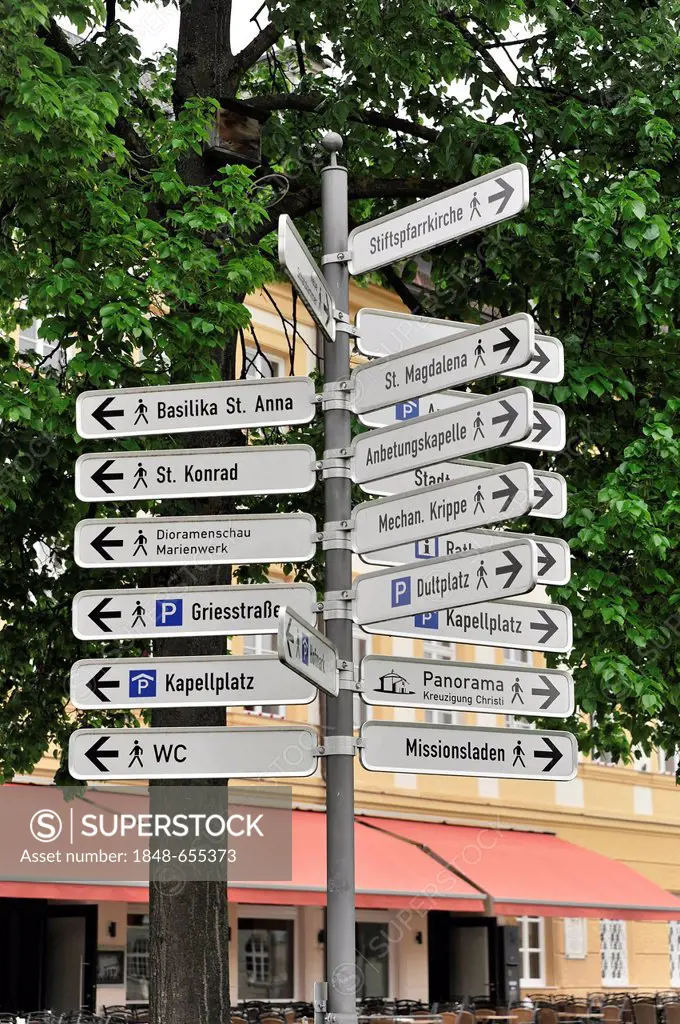 Signpost on Kapellplatz square, Altoetting, Chiemgau, Bavaria, Germany, Europe