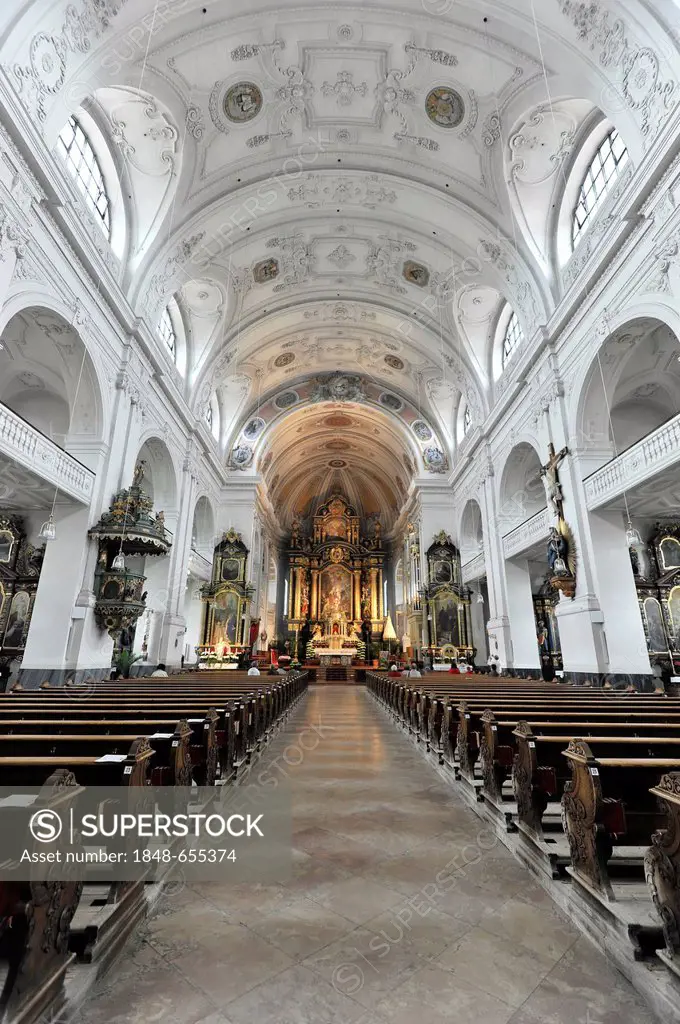 Interior view, center nave, basilica and pilgrimage church of St. Anna, Altoetting, Bavaria, Germany, Europe