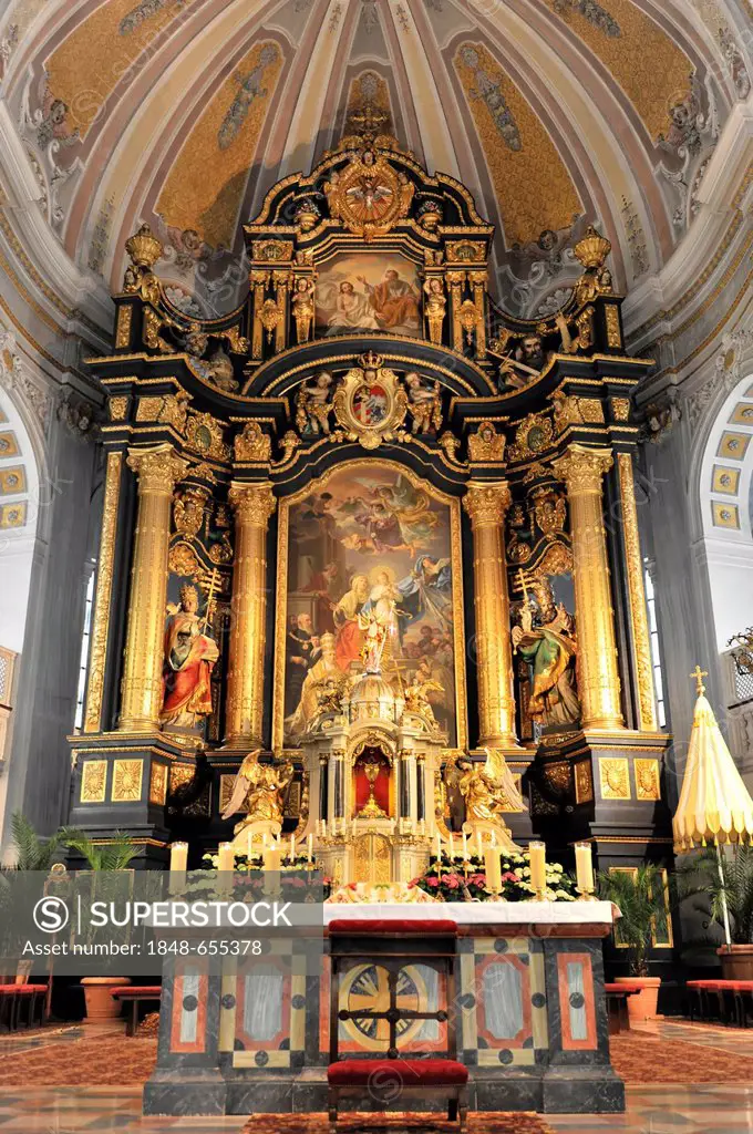 Interior view, altar, altar area, basilica and pilgrimage church of St. Anna, Altoetting, Bavaria, Germany, Europe