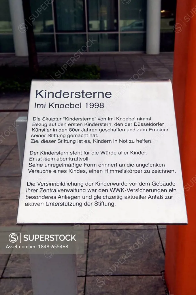 Info panel, Kindersterne, children's stars by Imi Knoebel, stars on long red columns, the child star stands for the dignity of all children, in front ...