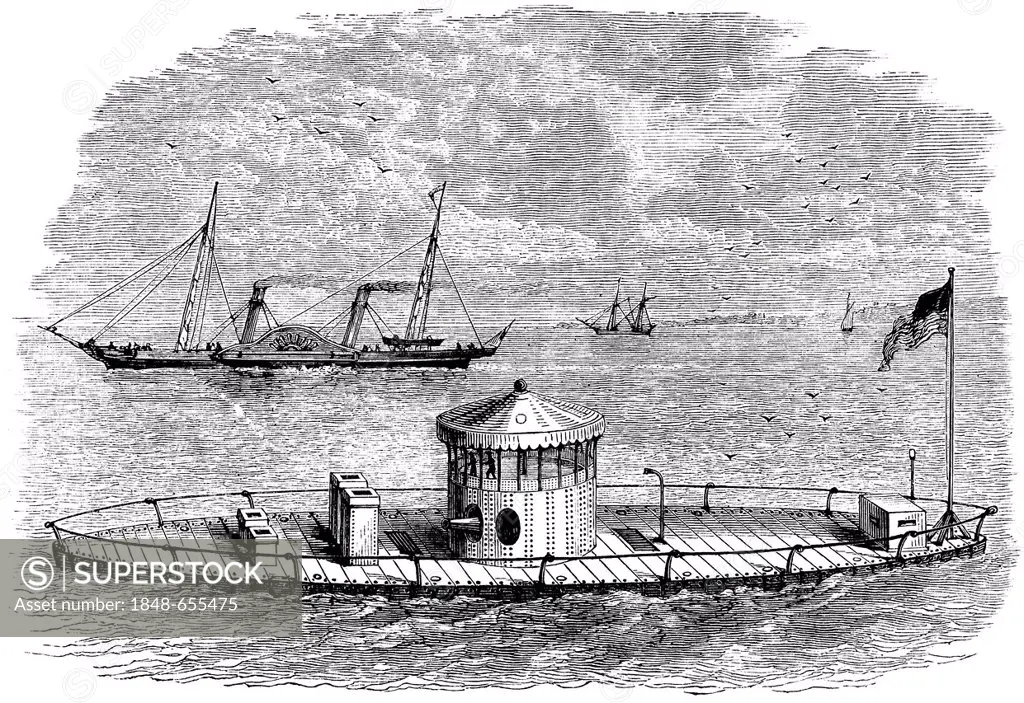 Historical drawing, US-American history, 19th century, a US-American iron-clad gunboat in the American Civil War, about 1862