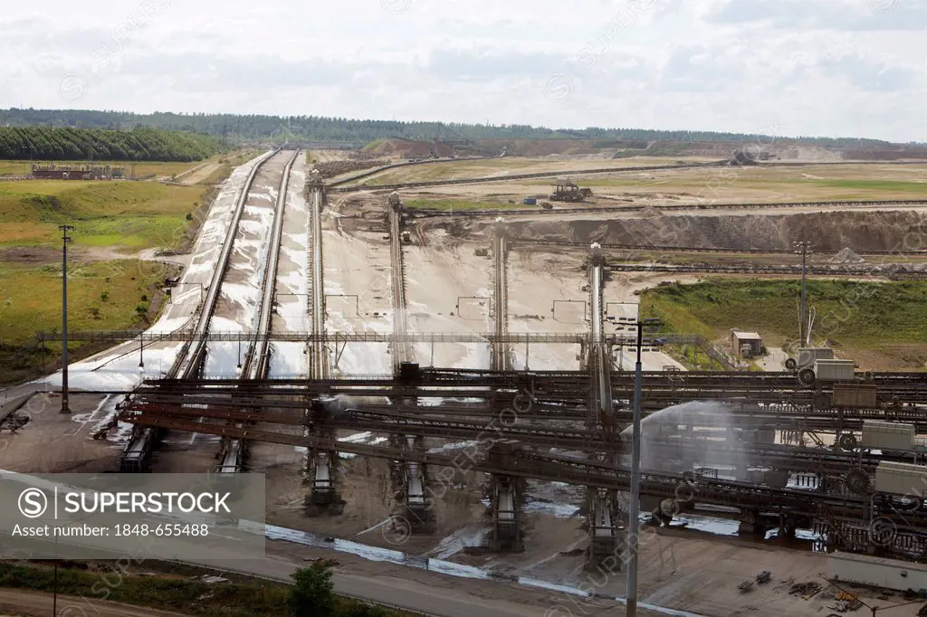 Conveyor belts at the Inden open-cast lignite mine of RWE Power AG, community of Inden, Dueren district, North Rhine-Westphalia, Germany, Europe