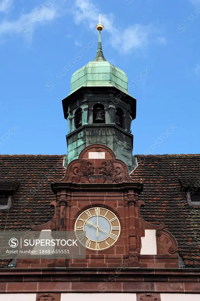 Clock and bell tower of the new town hall, Rathausplatz square 4, Freiburg im Breisgau, Baden-Wuerttemberg, Germany, Europe