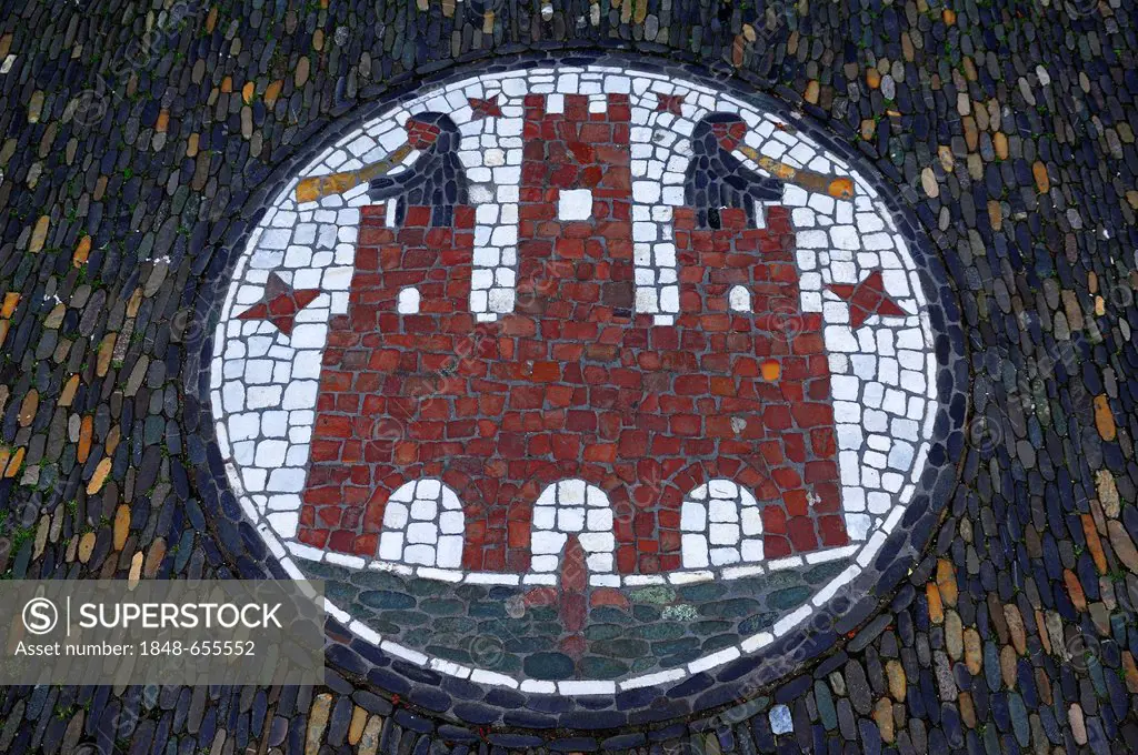 Coat of arms of Freiburg as a mosaic in front of the old town hall, Rathausplatz square 4, Freiburg im Breisgau, Baden-Wuerttemberg, Germany, Europe