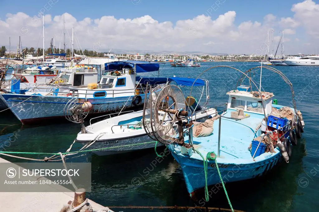 Fishing boats in the harbour of Pafos or Paphos, South Cyprus, Greek Cyprus, Southern Europe