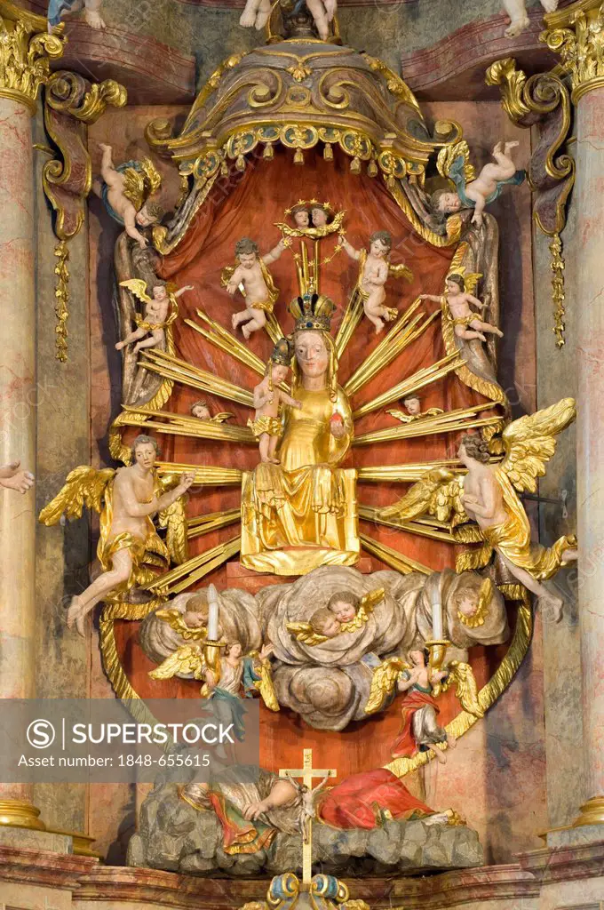 High altar with a Throne of Grace Madonna, 14th Century, Walpersbach Church, Bucklige Welt, Lower Austria, Austria, Europe