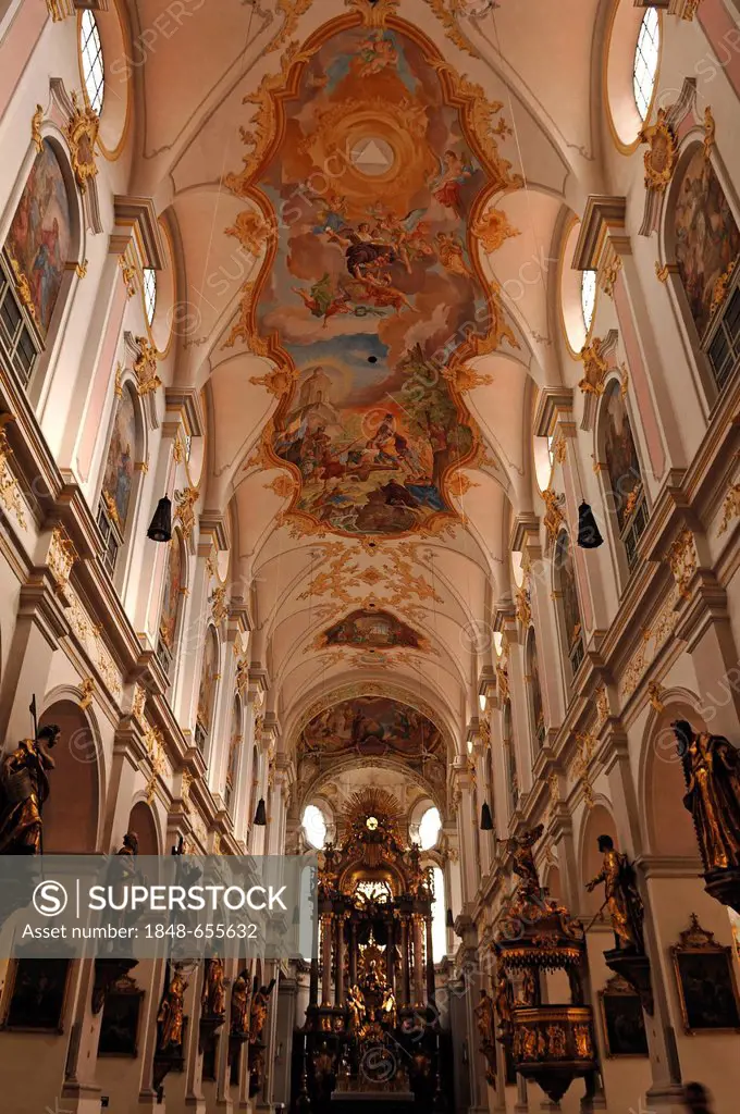 Interior with ceiling paintings, 18th Century, by Johann Baptist Zimmermann and chancel of St. Peter's Church, Rindermarkt 1, Munich, Bavaria, Germany...
