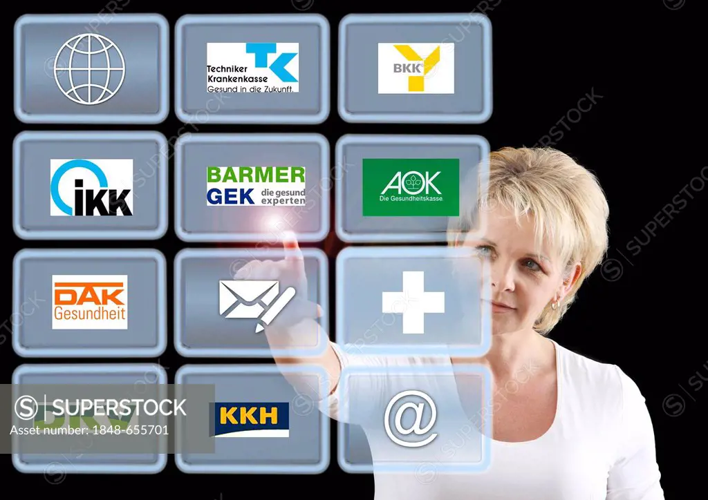 Woman working with a virtual screen, touch screens, German health insurance companies
