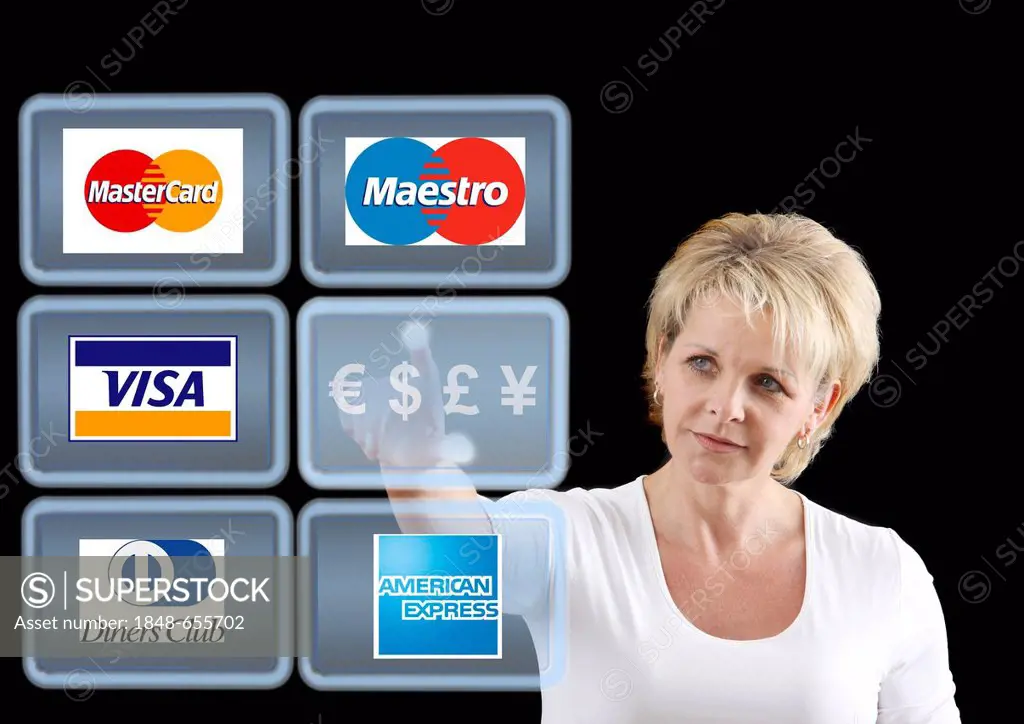 Woman working with a virtual screen, touch screens, credit card companies