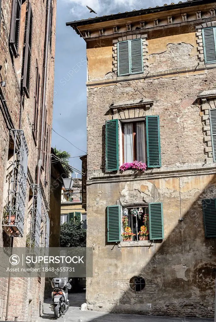 Narrow alleyway and a residential house, historic district, Siena, Tuscany, Italy, Europe