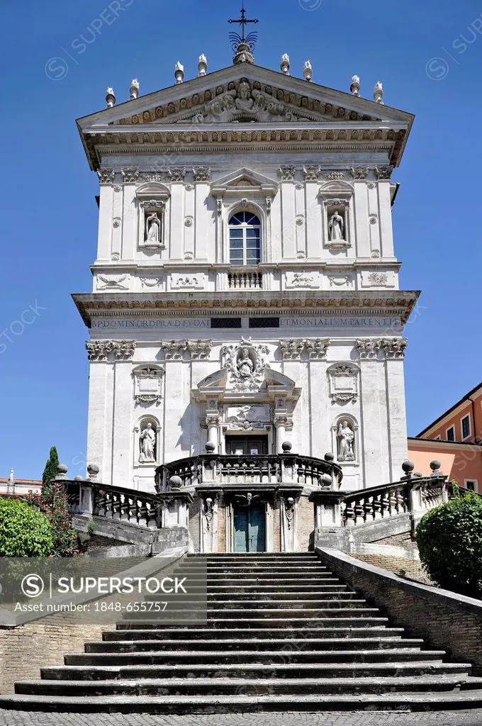 Monastery church of Santi Domenico e Sisto, facade and stairs by Vincenzo della Greca, Angelicum, Rome, Lazio region, Italy, Europe
