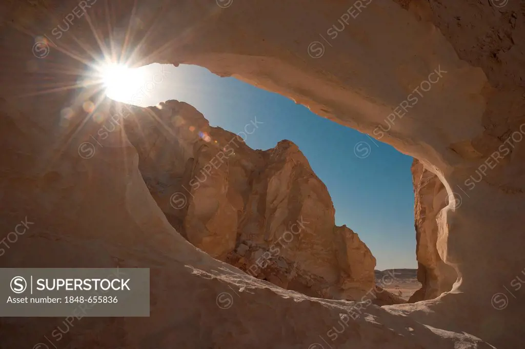 View through rock in the White Desert National Park, Westside region, Libyan desert, Sahara, Egypt, North Africa