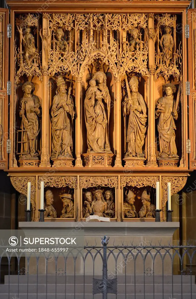 Interior view, sculptures in the shrine, high altar, over 500 years, St. Mary's altar by Hans Seyfer, late Gothic, choir, Protestant Church of St. Kil...