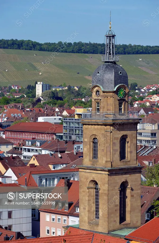 View from Kiliansturm tower to Hafenmarktturm tower, Heilbronn, Baden-Wuerttemberg, Germany, Europe, PublicGround