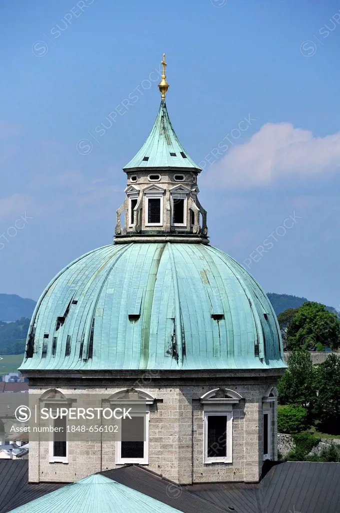 Dome of Salzburg Cathedral as seen from Festungsgasse street, Salzburg, Salzburg province, Austria, Europe