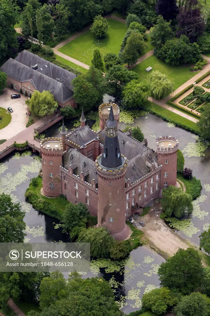 Aerial view, Moyland Castle, a neo-Gothic style moated castle, Bedburg-Hau, Lower Rhine region, North Rhine-Westphalia, Germany, Europe