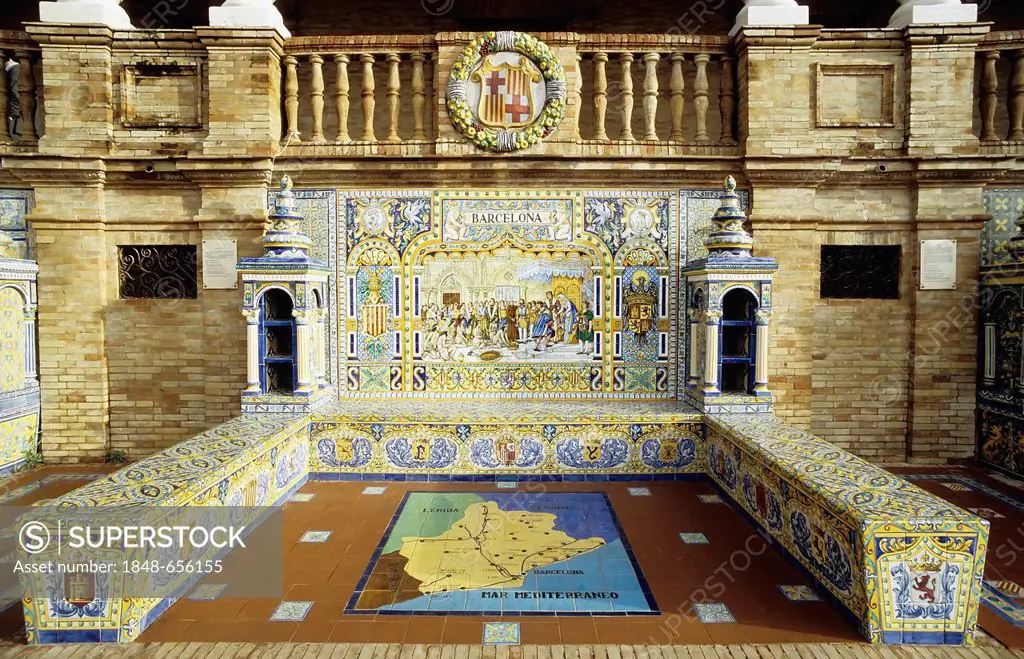 Mosaics on the Plaza de España building, image of the city of Barcelona, Seville, Andalusia, Spain, Europe