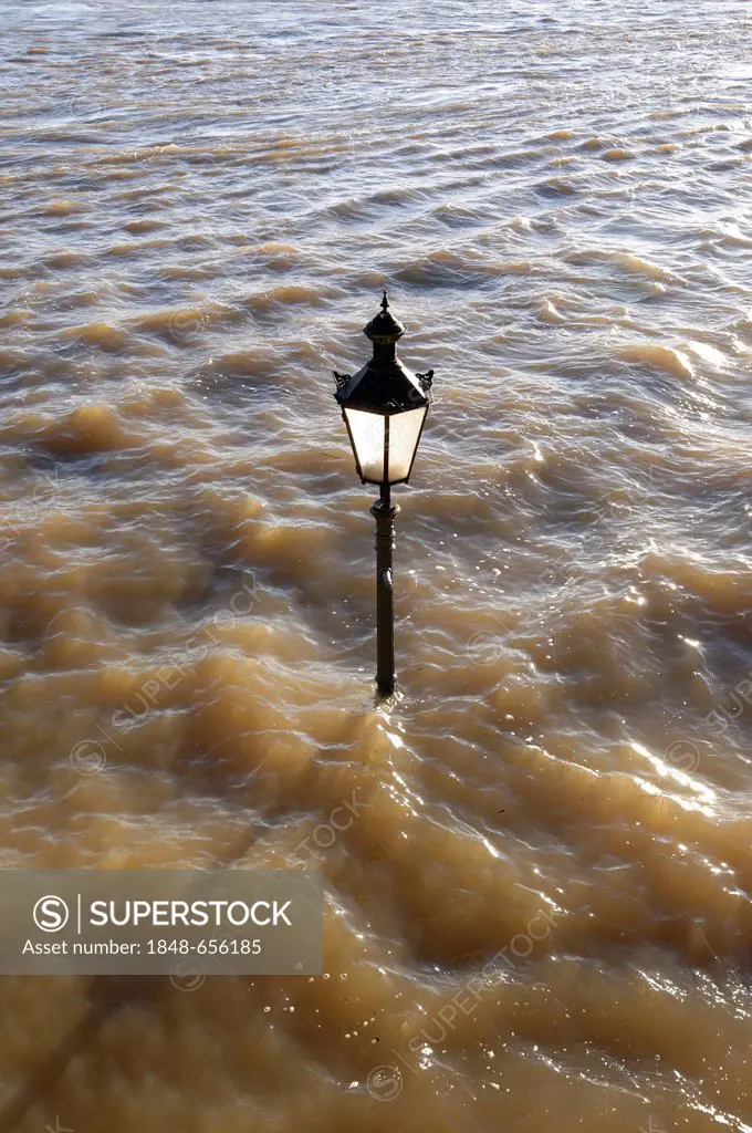 Street-lamp in high water on the Rheinpromenade at Rees, Lower Rhine, North Rhine-Westphalia, Germany, Europe