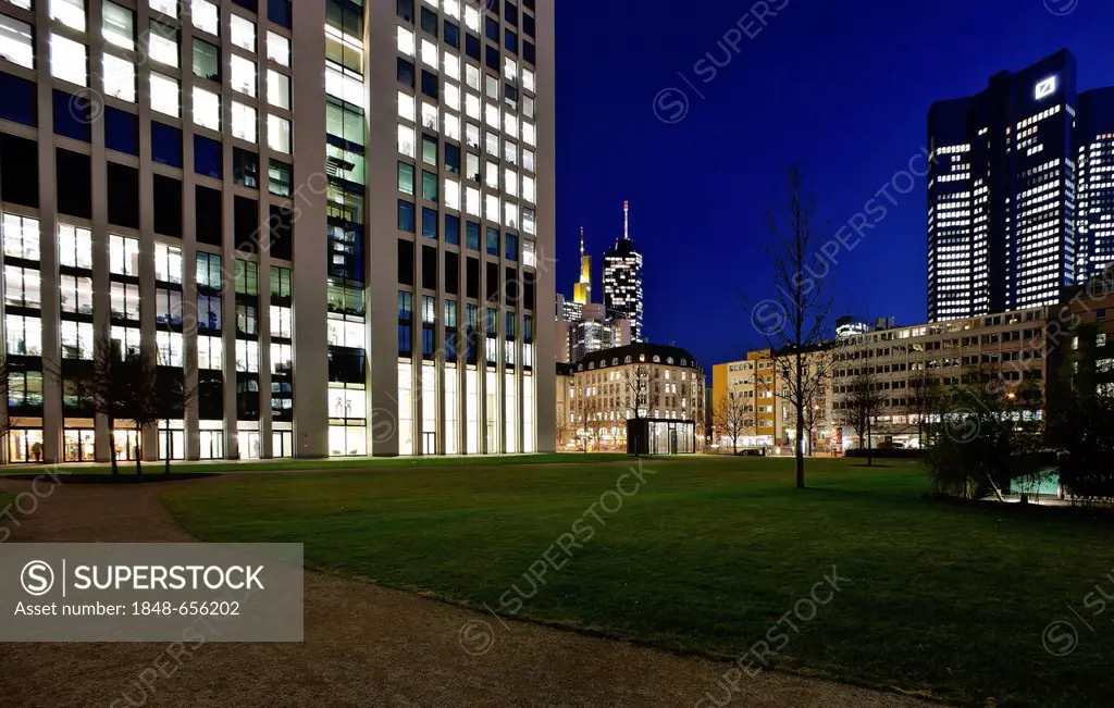 View from the OpernTurm building towards the Commerzbank Tower, Hessische Landesbank Helaba and the City Group buildings, Frankfurt am Main, Hesse, Ge...