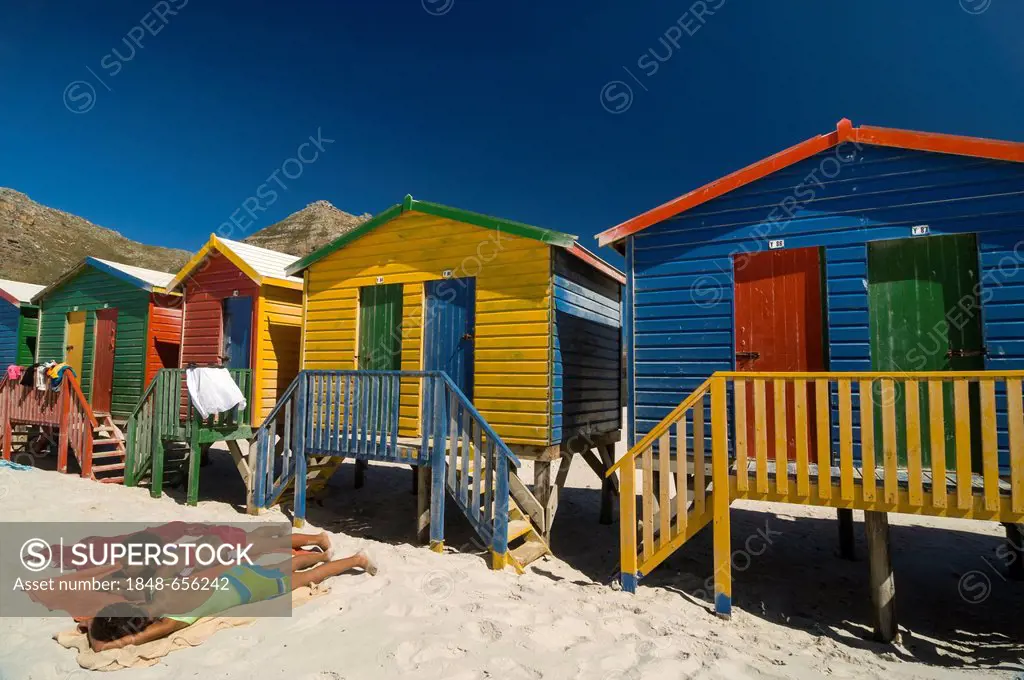 People sunbathing on the beach in front of colourful beach huts, Muizenberg, Western Cape, South Africa, Africa