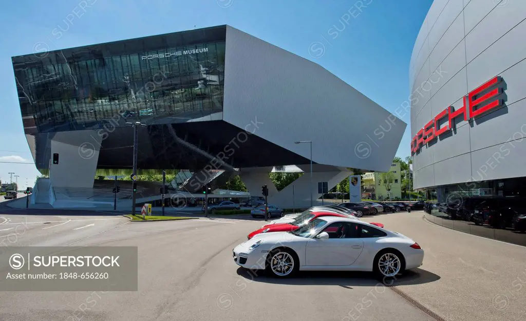 Porsche Centre, Porsche Museum, Porscheplatz square, Zuffenhausen, Stuttgart, Baden-Wuerttemberg, Germany, Europe