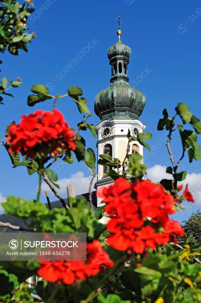 Steeple of St. Pankratius church, Reit im Winkl, Chiemgau, Upper Bavaria, Bavaria, Germany, Europe