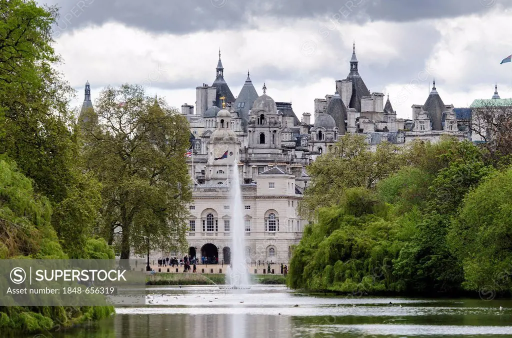 St James's Park with the Horse Guards building and St. James's Park Lake, London, South England, England, United Kingdom, Europe