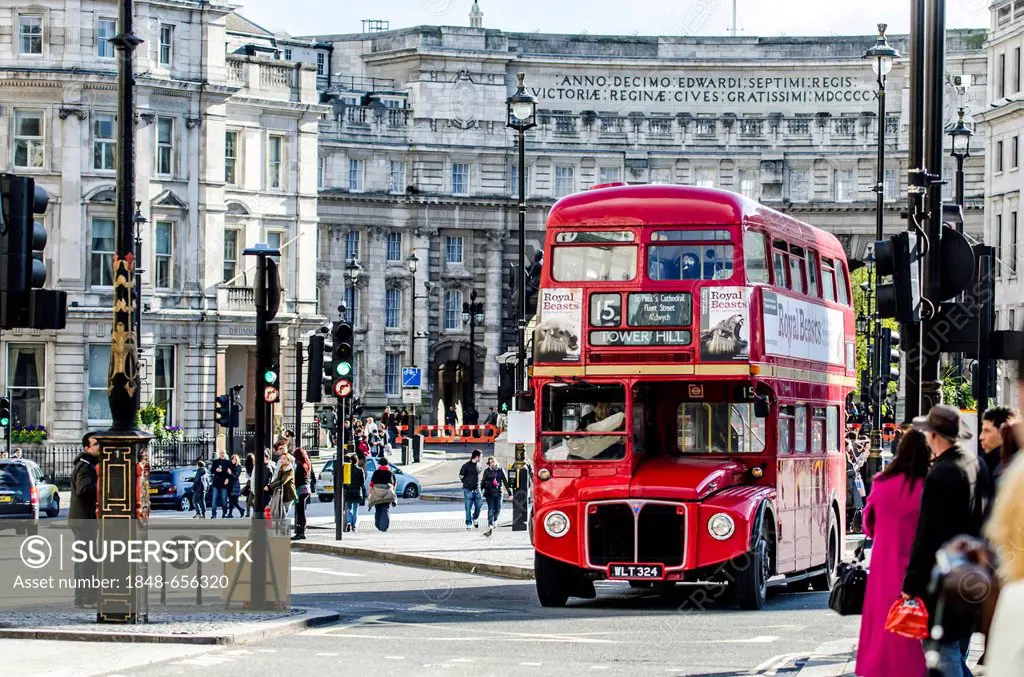 Red double-decker bus in traffic, London, South England, England, United Kingdom, Europe