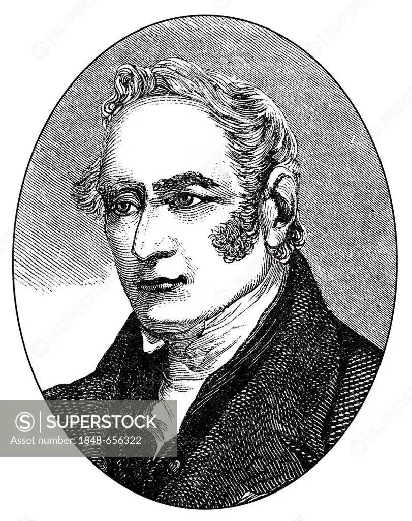 Historical drawing, 19th century, portrait of George Stephenson, 1781 - 1848, an English engineer and principal founder of the railroad industry