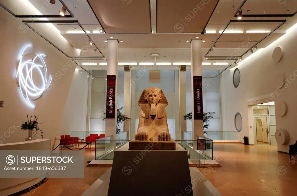 Egyptian Sphinx from the Pergamonmuseum Museum, on display in the Kulturkaufhaus Dussmann departement store, Friedrichstrasse, Mitte district, Berlin,...