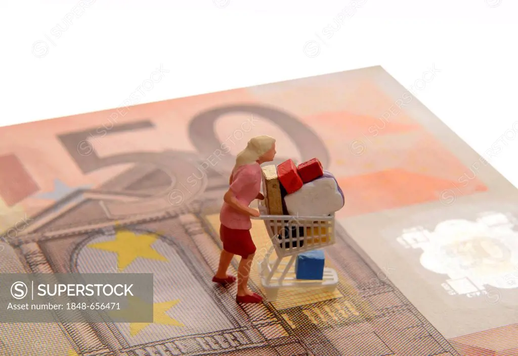 Miniature woman figure pushing an overflowing shopping cart on a 50 euro note, symbolic image for shopping mania