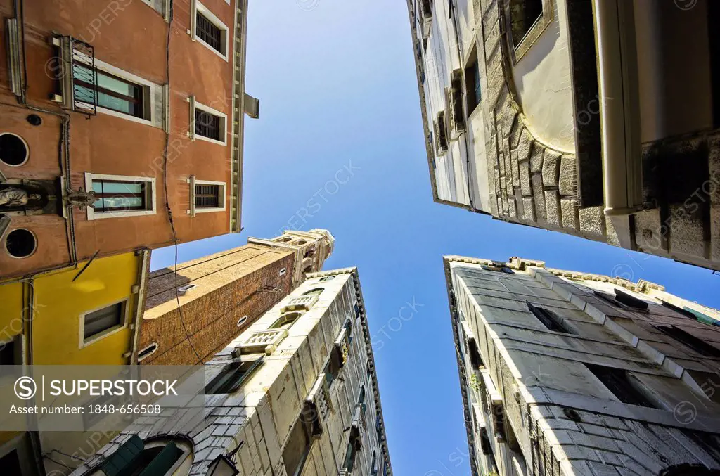 Facades of houses, worm's eye view, Venice, Venezia, Veneto, Italy, Europe