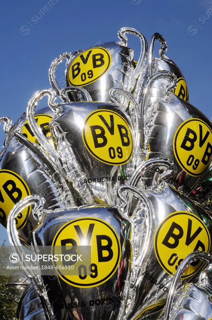 Balloons with the Borussia Dortmund logo, memorabilia, championship celebrations, cup celebrations, football club BVB Borussia Dortmund, Dortmund, Nor...