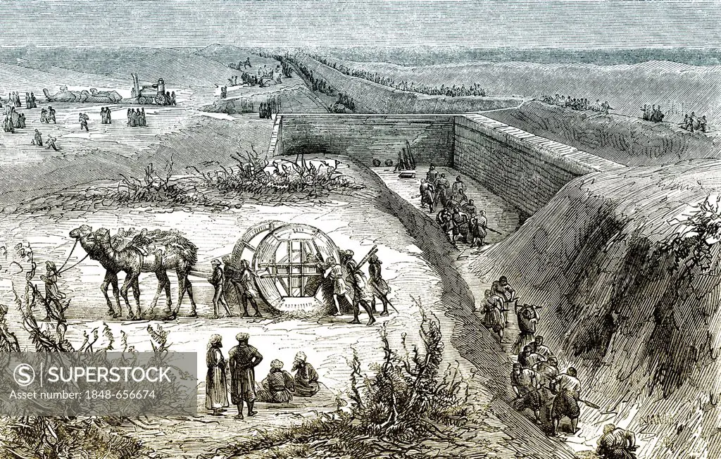 Historic drawing, 19th century, workers constructing the Suez Canal, 1861