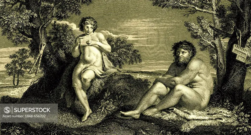 Pan with flute, and Apollo, historical illustration, 1864