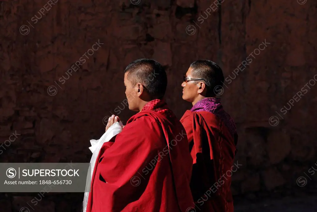 Praying monks, Paelkhor Monastery Complex, Pelkhor Choede, Gyantse, Tibet, China, Asia