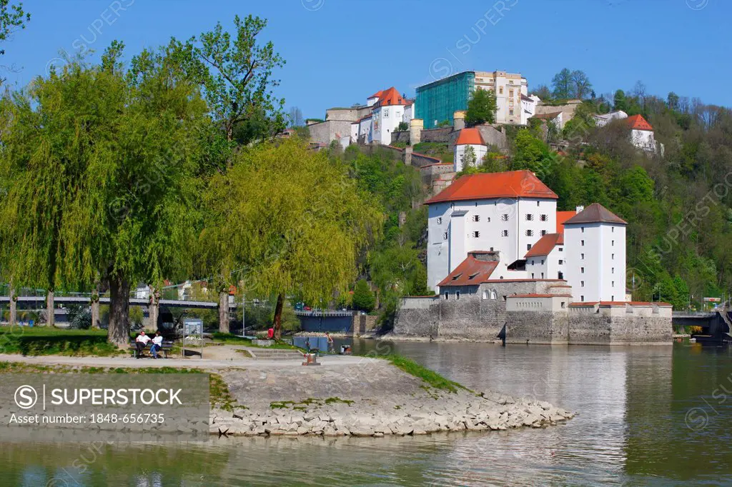 Inn River joining the Danube River, Passau, Bavaria, Germany, Europe