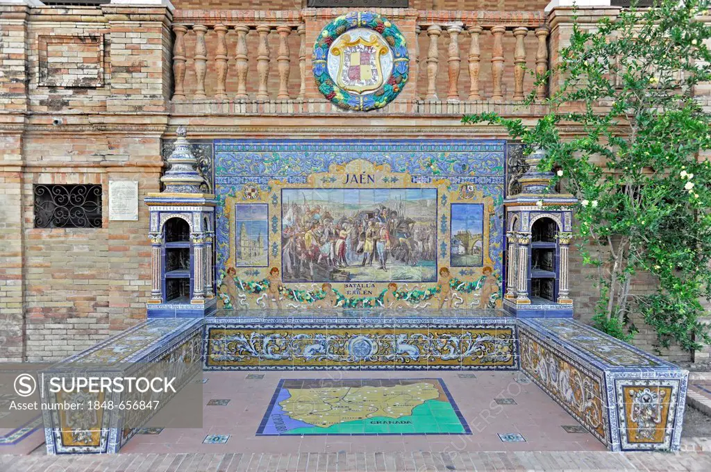 Jaen, colourful tiles with images from the Spanish regions, Plaza de España, Sevilla, Andalusia, Spain, Europe